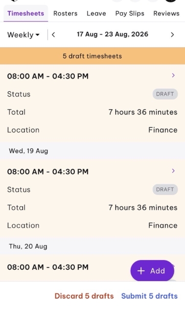 <ul><li><p>Review the hours.</p></li><li><p>Submit the multiples timesheet if your roster timesheet match with working hours</p></li></ul><p></p><p></p><p></p>