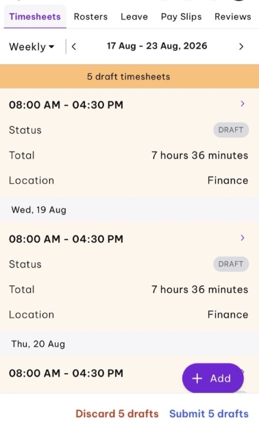 <ul><li><p>Review the hours</p></li><li><p>Submit</p></li><li><p>You can do Weekly </p></li></ul><p>Please check your timesheet carefully before submitting it. Once submitted, you will not be able to edit it again.</p><p><span style="color: rgb(38, 38, 38);">Please note that approved leave bookings will automatically override your rostered shifts in Employment Hero. This means that when leave is approved, your roster will be updated accordingly, and you will not be required to submit a timesheet for those leave hours.</span></p><p></p><p></p>