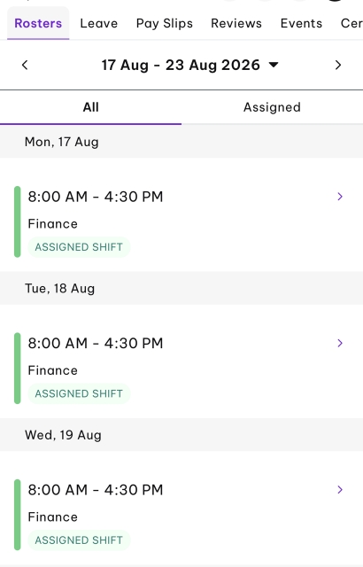 <h2>Standard Working Hours</h2><p>The standard roster for office-based employees is:</p><p><strong>8:00 AM to 4:30 PM</strong> (including two breaks)</p><p>A rostered shift will automatically appear in Employment Hero for each working day</p>