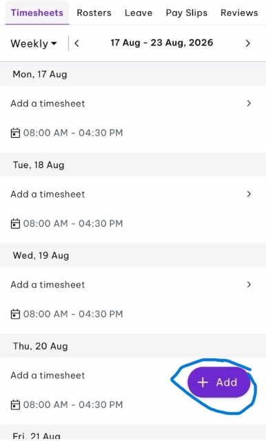 <h2>Option 2: Submit Hours Using Your Rostered Shift</h2><p></p><ol><li><p>Open the Employment Hero Mobile App.</p></li><li><p>Navigate to <strong>Timesheets</strong>.</p></li><li><p>You can see Roster shift here </p></li><li><p>Then click Add </p></li></ol><p></p>