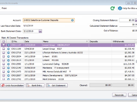 <ul><li><p>Enter the Bank Statement Date (Today’s Date) Change the Closing Statement Balance: to zero and then hit the tab button.</p></li><li><p>The Closing Statement, Calculated Statement and Out of Balance should all be zero.</p></li><li><p>Click on the Memo tab and that will put everything into alpha order. Note: Deposits = Invoices Note: Withdrawals = Payments</p></li><li><p>To reconcile a customer’s payment against an invoice, you must match the correct invoice with the correct payment. Refer to screenshot below</p></li></ul><p></p>