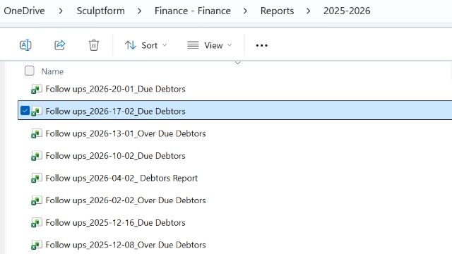 <p><strong>Following Up on Overdue Accounts</strong></p><p></p><p>All reports are saved in:<br><strong>Finance → Reports → Fiscal Year</strong></p><p></p><p>Copy and paste the <strong>Follow‑Up Report</strong>, and always update the file name with the current date.</p><p></p><p>Follow‑ups for overdue accounts should be completed <strong>daily or weekly</strong>, depending on the volume and urgency.</p>