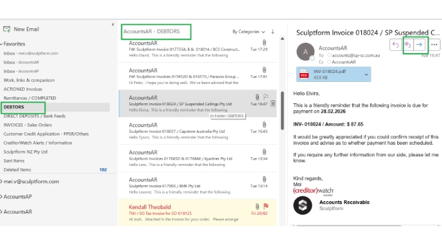 <p>For follow‑up emails, go to the <strong>Debtors</strong> folder in <strong>accountsAR</strong>, where the reminder email is saved. This email will be used and continued (chained) for follow‑up communication.</p>