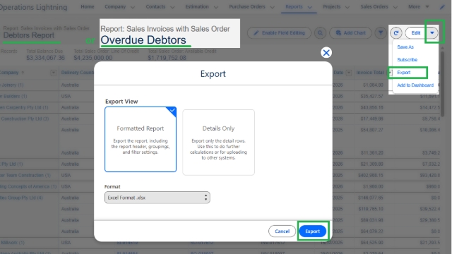 <p>Downloading the<strong> Debtors or Overdue Debtors Report </strong>from Salesforce</p><p></p><p>Open the <strong>Debtors or Overdue Debtors Report</strong> in Salesforce (SF).</p><ul><li><p>Click the <strong>arrow down </strong>beside Edit</p></li><li><p>Select <strong>“Export.”</strong><br><br>The extracted file will automatically be saved in <strong>Downloads</strong> folder.</p></li></ul><p></p>
