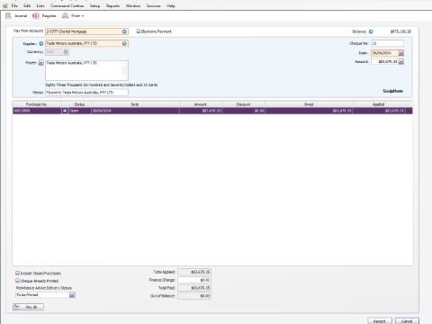 <p>to close that invoice Received payment against chattel Mortgage account as per screenshot, because the payment directly paid from finance company to Tesla Motor </p>