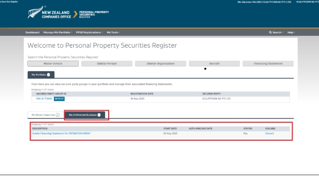 <p><strong>Unfinished PPSR registration </strong></p><p><strong>(SAVE & EXIT),</strong> goes here at </p><p>>>My Unfinished Business>> Click to continue.</p><p></p><p>>>Discard<< if you want to delete.</p>