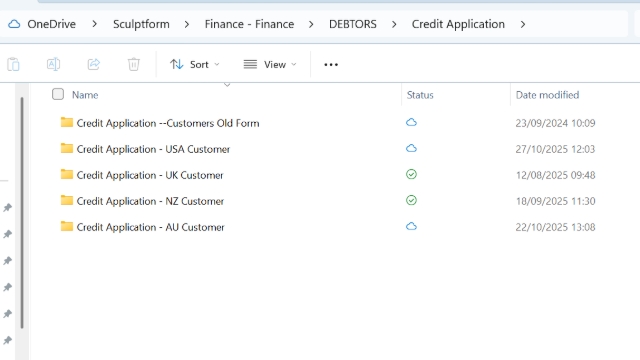 <p></p><p>Each region maintains its own <strong>Credit Application Form</strong>, located in the corresponding folder:</p><p>• SFM-AU</p><p>• SFM-NZ</p><p>• SFM-USA</p><p>• SFM-UK (not yet available, may use AU)</p><p></p><p>Notes:</p><p></p><p>End‑of‑Month (EOM) accounts are limited to the NZ, USA, and UK regions, taking into consideration regional credit policies.</p><p></p><p></p><p></p><p></p>