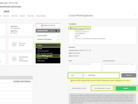 <p>If Ken approves the application with customer agreed to <strong>Guarantor </strong>& <strong>PPSR registration</strong>:</p><p></p><p>To register PPSR, click the ff:<br>>>Actions<br>>>Create PPSR Registration<br>>>tick: Woodform Architecture<br>>>Add Organisation Grantor<br>>>Choose: ACN<br>>>Register</p><p></p><p>in few minutes: AccountsAR will receive emails for Token & Verification Statement.</p>