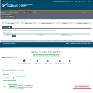 <p><strong>REGISTER SFM NZ CUSTOMER TO PPSR</strong></p><p></p><p>Log in to PPSR and the construction industry | PPS Register</p><p><br>Secured Party Group was already registered under the name of SFM NZ SPG ID 773096</p><p></p><p>>> PPSR Registrations</p><p>>> Create (For your default SPG)</p><p></p><p>>>Next Step: Debtor Details</p><p></p>
