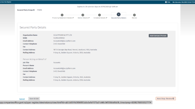 <p>Secured Party Details is automatically filled.</p><p></p><p>>>Next step: Review</p><p></p>