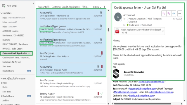 <p></p><p>Move all related emails to the AccountsAR folder titled “<strong>Customer Credit Application – PPSR/Others</strong>”.</p><p></p><p>Edit the subject line of CreditorWatch emails (Token and Verification Statements) to include the "<strong>company name</strong>", so the emails can be easily located when required.</p><p></p><p>Send a Credit Approval Letter to the customer.</p><p></p>