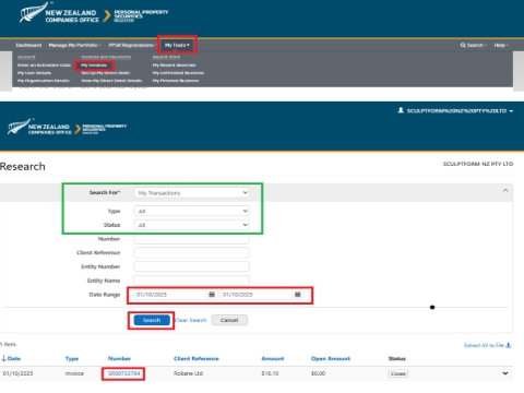 <p>If invoice is not received, go through </p><p>>>My Tools</p><p>>>My invoices</p><p></p><p>Enter</p><p>>> Date range></p><p>> Search>> Invoice number</p>