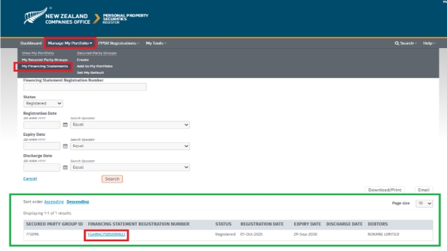 <p>PPSR registration/Financing statement will go here:<br>>>Manage My Portfolio</p><p>>>My Financing Statement</p><p></p><p>In the green box will list all PPSR registrations, click the Financing statement registration number</p>