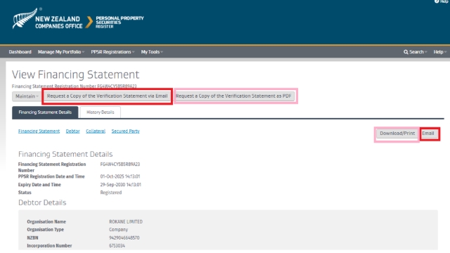 <p>View Financing Statement </p><p>>>Request a Copy of the Verification Statement via Email<<<br></p><p>-if not sending through AccountsAR </p><p>>>Download/Print<< & </p><p>>>Request a Copy of the Verification Statement as PDF<< to file.</p>