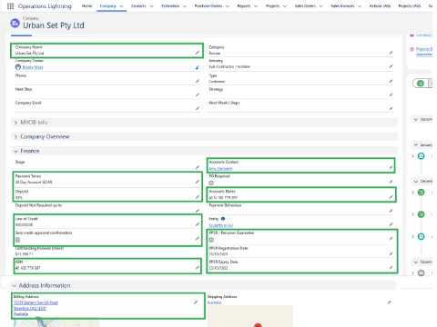 <p>In Salesforce, update the following details:</p><p></p><p>-Company Name: Ensure it matches the credit application and CreditorWatch record.&nbsp;</p><p>-Payment Terms: 30‑Day Account (EOM).&nbsp;</p><p>-Deposit: 33%.&nbsp;</p><p>-Line of Credit: Enter the approved credit limit.&nbsp;</p><p>-[Tick] Sent Credit Approval Confirmation</p><p>-ABN: Enter the customer’s ABN.&nbsp;</p><p>-Accounts Contact: Create the accounts contact.&nbsp;</p><p>-Account Notes: Record the ACN and any other important notes provided by Ken or the Debtor Management Team.&nbsp;</p><p>Billing Address: Update as per the credit application.</p><p></p><p>If PPSR is registered:</p><p>-[Tick]PPSR – Personal Guarantee”.&nbsp;</p><p>-PPSR registration date.&nbsp;</p><p>-PPSR expiry date (7 years from the registration date).</p>