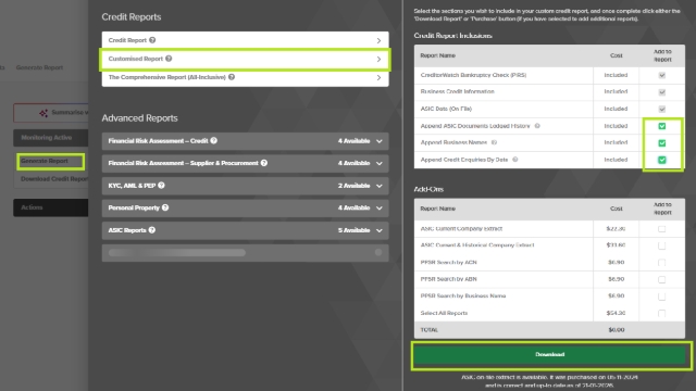 <p><strong>SFM AU:</strong><br><br>Log in to CreditorWatch </p><p></p><p>Search for the company using the ABN.</p><p></p><p>Generate the CreditorWatch Report</p><p></p><p>On the right side of the screen under Monitoring Active, click the FF:</p><p>>>Generate Report</p><p>>>Customized Report</p><p>>>tick three boxes</p><p>>>Download</p>