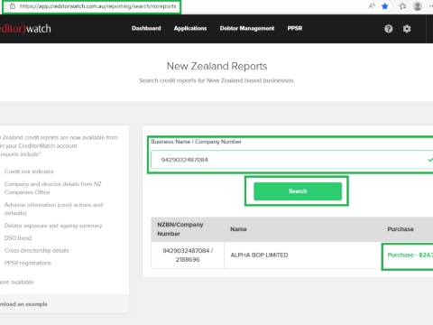 <p>New Zealand CreditorWatch Report</p><p></p><p><a target="_blank" rel="noopener noreferrer nofollow" href="https://creditorwatch.com.au/page/nzreports">https://creditorwatch.com.au/page/nzreports</a> <br>The report can be generated by searching the company using the NZBN and click “Purchase”.</p><p></p><p>Once generated, the CreditorWatch report will be sent via email to the Accounts AR inbox.</p><p></p><p>We can check & download directors name and address on these sites.</p><ul><li><p>Home | New Zealand Business Number (<a target="_blank" rel="noopener noreferrer nofollow" href="http://nzbn.govt.nz">nzbn.govt.nz</a>)</p></li></ul><ul><li><p>New Zealand Companies Register (<a target="_blank" rel="noopener noreferrer nofollow" href="http://companiesoffice.govt.nz">companiesoffice.govt.nz</a>)</p></li></ul><p>Create company folder and save all files.</p><p>Credit Application - NZ Customer</p>