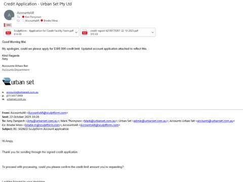 <p><strong>Completed Account/Credit Application</strong> <strong>Form</strong> may be received from the <strong>Salesperson or the Customer</strong>.</p><p></p><p>Upon receipt, ensure all required information is <strong>fully completed and properly signed</strong> by the <strong>directors (Guarantor section), trustees, or an authorized representative</strong> (e.g. CFO or Accountant).</p><p></p><p>If any information is missing or incomplete, <strong>request the customer to complete the application</strong> before proceeding.</p><p></p>