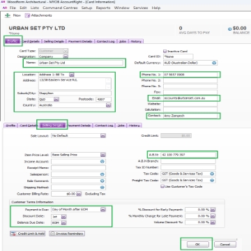 <p>Update MYOB Card Information:<br><br>Profile section:<br>-Company name</p><p>-Billing address</p><p>-Phone No.</p><p>-Account's Email</p><p>-Account's Contact name</p><p></p><p>Selling Details Section</p><p>-ABN</p><p>-Customer Terms Information</p><p> Day of Month after EOM</p><p> 1st to EOM</p><p></p><p>>>OK</p>