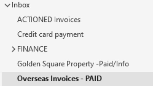 <p>Put all email related to this PO to </p><p>Overseas Invoices – PAID folder </p><p></p>