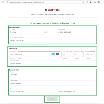 <p>You can now process Amex card payments using the following link: amex.paymentlogic.com.au/sculptform</p><p></p><p>User Id- a8214314817</p><p>Passport- 2023Timber#</p><p></p><p>Enter the following information needed:<br>-Customer information<br>-Card Details</p><p>>>Next<br><br>A new page will open showing the AMEX surcharge</p><p>-Confirm and approve the payment<br><br>After submitting, the system will indicate whether the payment is<strong> successful or unsuccessful.</strong></p><p>If the payment is unsuccessful, <strong>call the customer back and verify the card details</strong> again.</p>