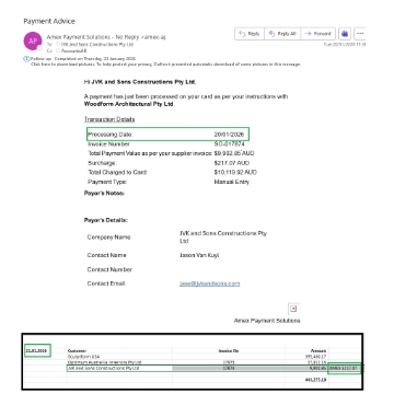 <p>An <strong>email receipt</strong> will be sent to AccountsAR confirming the transaction.</p><p></p><p>Record the payment in the “<strong>Direct Deposit – EFT</strong>” file.</p><p></p><p>Note that the funds will appear in the bank account <strong>the following day</strong>.</p><ul><li><p>Record on ff day</p></li><li><p>Invoice amount</p></li><li><p>Add a note: <strong>“AMEX & $Surcharge”</strong>.</p></li></ul><p></p>
