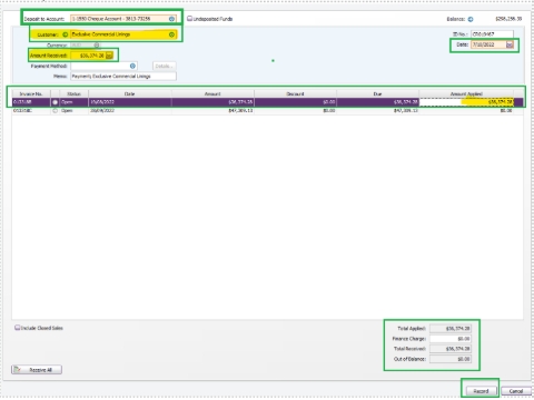 <p>Received Payment — For AMEX Invoice Amounts (SF Invoiced)</p><p></p><p>System opens a <strong>blank Receive Payment</strong> page:</p><ul><li><p><strong>Deposit to Account:</strong> Select <strong>1‑1550 (Cheque Account)</strong></p></li><li><p><strong>Customer:</strong> Enter the <strong>Company Name (</strong>Open invoices will appear automatically)</p></li><li><p><strong>Amount Received:</strong> Enter the <strong>actual invoice amount (net of surcharge)</strong></p></li><li><p><strong>Date:</strong> Ensure it <strong>matches the bank feed(</strong>day funds received<strong>)</strong></p></li></ul><p>Then:</p><ul><li><p>Enter the <strong>Amount Applied</strong> to the correct invoice<br><br>>> <strong>Record</strong></p></li></ul><p></p>