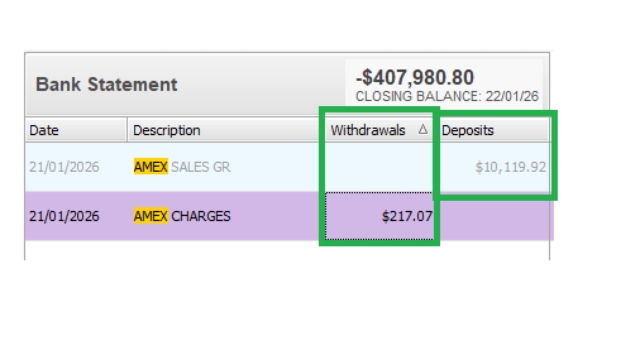 <p><strong>MYOB Process:</strong></p><p><strong>Two transactions</strong> will appear in the bank feed:</p><p>-AMEX <strong>withdrawal</strong> charge</p><p>-AMEX <strong>deposit</strong> payment for the invoice which also <strong>includes the surcharge amount</strong>.</p><p>example:</p><p>SO/Invoice: $9,902.85</p><p>Surcharge: $217.07</p><p><strong>Total Deposits: $10,119.92</strong></p><p></p><p>AMEX Deposit Transactions — Processing Type, either:</p><ul><li><p><strong>Received Money</strong> → for <strong>SO-Balance/Deposit amounts</strong> <em>not yet invoiced in SF</em></p></li><li><p><strong>Received Payment</strong> → for <strong>Invoice amounts</strong> <em>already invoiced in SF(Debtors)</em></p></li></ul><p></p>