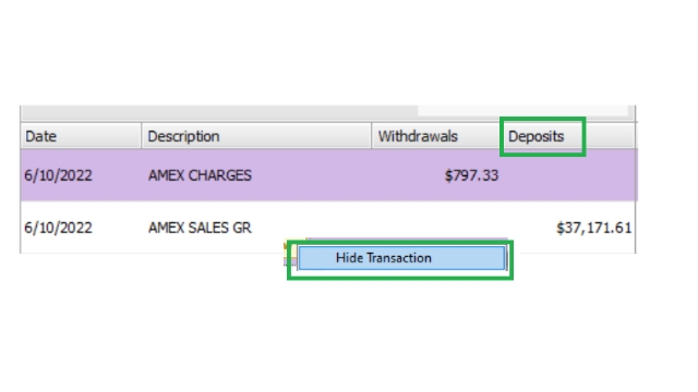 <p>To record AMEX Deposit: <strong>Received Payment</strong> → for <strong>Invoice amounts</strong> <em>already invoiced in SF(Debtors)</em></p><p></p><p></p><p>To process:</p><p>Right click the transaction, then<br>>>Hide Transaction <br><br>-Go to MYOB dashboard</p>