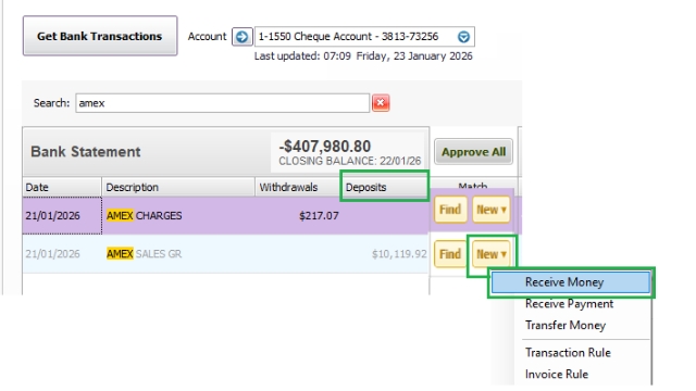 <p>To record AMEX Deposit: <strong>Received Money</strong> → for <strong>SO-Balance/Deposit amounts</strong> <em>not yet invoiced in SF</em><br></p><p>To process:</p><p>>>New<br>>>Received Money</p>