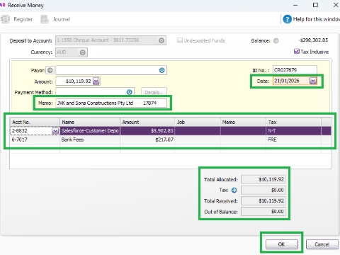 <p>Receive Money — AMEX Deposit (Not Yet Invoiced in SF)</p><p></p><p>-Update the <strong>Memo</strong>: Copy & paste the note created in the <strong>Direct Deposit – EFT</strong> file.</p><p>-Date:Ensure it <strong>matches the bank feed(</strong>day funds received<strong>)</strong></p><p>-Record the <strong>SO/Deposit amount (net of surcharge)</strong> to <strong>2-8832 </strong>(SF Customer Deposit)</p><p>-Record the <strong>Surcharge amount</strong> to <strong>6-7017 </strong>(Bank Fees). This will offset the AMEX withdrawal charge.</p><p></p><p>-Verify that the <strong>total matches the bank feed amount</strong>.</p><p></p><p>>>OK<br><br></p>