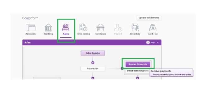 <p>To record AMEX Deposit: <strong>Received Payment</strong> → for <strong>Invoice amounts</strong> <em>already invoiced in SF(Debtors)</em></p><p></p><p>Go to</p><p>>>Sales</p><p>>>Receive Payments</p>
