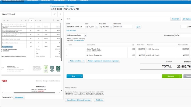 <p><strong><u>Sculptform AU invoices&nbsp;</u></strong></p><p>All the AU invoices - 1-1693 inventory,</p><p>If there is an air freight Charges, then - 4-4200 Airfreight account</p><p></p><p><strong><u>Notes on Air Freight</u></strong></p><p>4-4200 Airfreight - Freight Charges from Sculptform AUS</p><p>4-4200 Airfreight - Freight Charges to Customer</p><p>Note- If you are not 100% sure then just save otherwise click approve</p><p></p>