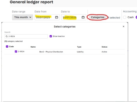 <p>On the next screen, specify the desired date range and from the ‘Categories’ option, select the required accounts</p><p></p>