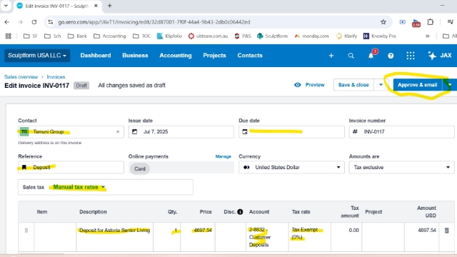 <p>To create an invoice in Xero follow the following steps.</p><ol><li><p>Login to Xero</p></li><li><p>Click on plus sign > Invoices</p></li><li><p>Click New Invoice > add company if they aren't in Xero</p></li><li><p>fill in the highlighted fields. </p></li><li><p>The example is a project in Canada - so Sales Tax is Manual and tax exempt > US projects use auto sales tax</p></li></ol><p></p>