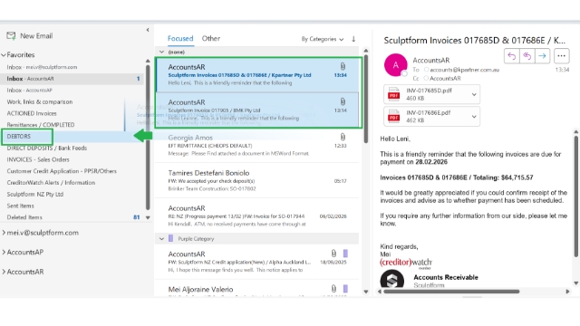 <p>After sending the reminder email, transfer all correspondence in the AccountsAR → DEBTORS folder.</p>