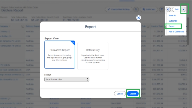 <p><strong>Download the Debtors Report from Salesforce</strong></p><p></p><p>Open the <strong>Debtors Report</strong> in Salesforce (SF).</p><ul><li><p>Click the <strong>arrow down beside Edit</strong></p></li><li><p>Select <strong>Export</strong>.</p></li></ul><p>The extracted file will automatically be saved to <strong>Downloads</strong> folder.</p><p></p>