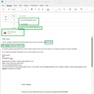 <p><strong>Copy and paste the email format for a single invoice, making sure the due date is correct.</strong></p><p></p><p><strong>Send To:</strong> Debtor’s Accounts email address<br><strong>CC:</strong> AccountsAR</p><p></p><p>Ensure the <strong>correct invoice is attached</strong>.</p><p></p><p><strong>Email Subject: SFM Invoice [Invoice Number] / [Debtor Company Name]</strong></p><p></p>