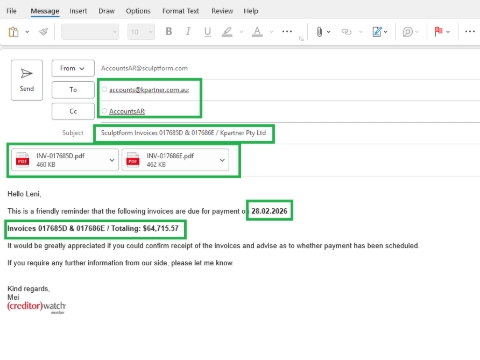 <p>Create a <strong>new email</strong>, as we cannot chain multiple emails for invoices that have already been sent.</p><p></p><p>You may search for all invoice copies in <strong>AccountsAR / INVOICES – Sales</strong>, or download them from <strong>SF</strong>.</p><p></p><p>Attach <strong>all invoice copies</strong> to the email, then copy and paste the <strong>multiple‑invoice reminder email format</strong>.</p><p><br>Make sure the <strong>total balance</strong> and the <strong>due date</strong> are correct.</p>