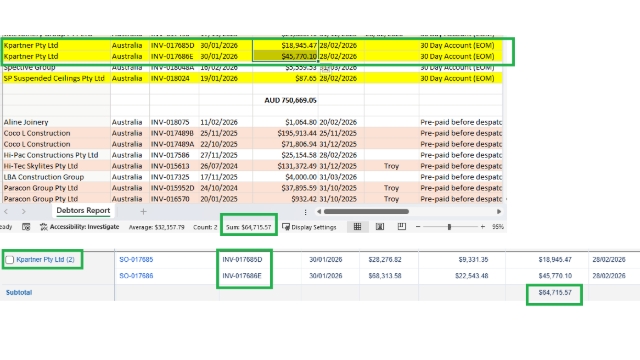 <p>For debtors that have multiple invoices in the month, check the <strong>total balance</strong>.</p>