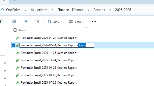 <p><strong>Sending Reminder Emails to Debtors</strong></p><p></p><p>All reports are saved in:<br><strong>Finance → Reports → Fiscal Year</strong></p><p></p><p>Copy and paste the <strong>Reminder Email Report</strong> (always update the file name with the <strong>date</strong>).</p><p></p><p>Sending reminder emails is done <strong>one week before the invoice due date</strong>, usually on the <strong>25th of the month</strong>.</p>