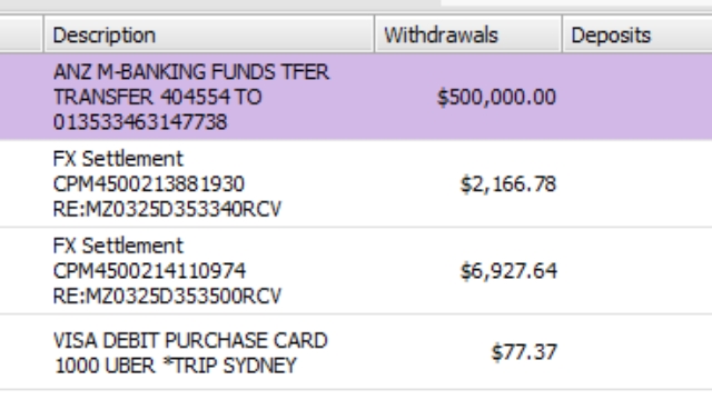 <p>Transferring money from Cheques A/C to Warchest A/C(7738)</p>