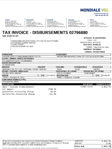 <p>Mondiale Freight VGL Services Disbursement Sample invoice.</p>