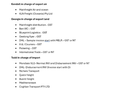 <p>Import and Export – International</p><p></p><p>Three person in charge as follow:</p><p></p><ul><li><p>Kendall</p></li><li><p>Georgia</p></li><li><p>Todd</p></li></ul><p>Always asked for approval of the invoice on the person in charge.</p><p></p><p></p>