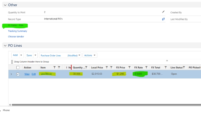 <p>Add PO lines > Item, Qty, Local price if not importing.</p><p>If it is an International PO (Importing) do not fill in the local price > go to the FX rates - RBA and enter the FX rate onto the PO line and the FX price eg $1290 USD @ 0.64 FX rate = $2051.63 AUD.</p><p>The FX rate will display on the PO to the supplier, but when you reciev packs in it will use the local rate AUD (for AU imports)</p>