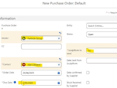 <p>Fill in the Vendor, contact, due date, Sculptform to send Yes/No and click save.</p><p>Entity and Currency will update automatically depending on the PO record type selected in Step 1.</p>