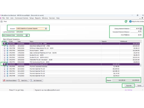 <p>Since the payment was previously allocated to the <strong>2‑8832 SF‑Customer Deposits</strong> account using <strong><em>Receive Money</em></strong>, and the <strong>correction</strong> has now been completed to <strong>close the invoice</strong>, the transaction can now be <strong>reconciled</strong>.<br></p>