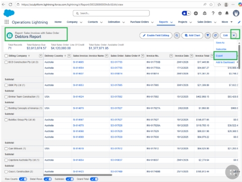 <p><strong>Download the Debtors Report from Salesforce</strong></p><p></p><p>Open the <strong>Debtors Report</strong> in Salesforce (SF).</p><ul><li><p>Click the <strong>arrow down beside Edit</strong></p></li><li><p>Select <strong>Export</strong>.</p></li></ul><p>The extracted file will automatically be saved to <strong>Downloads</strong> folder.</p><p></p>