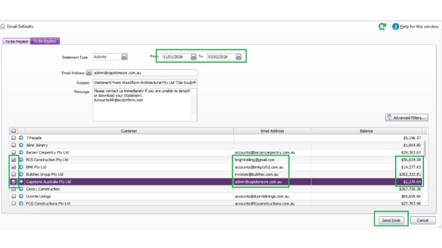 <p><strong>When sending the EOM debtor statements, go back to the report to match the correct transactions and double‑check the balance.</strong></p><p></p><p>Verify the <strong>date covered</strong>.</p><p></p><p>After confirming the match, <strong>tick the transactions and click Send Email</strong>.</p>