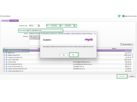 <p><strong>Before sending the actual EOM statements to the debtors, send a test copy to your own email first to ensure the EOM Statement is correct.</strong></p><p></p><ol><li><p>Check and set the <strong>date range</strong> from the <strong>1st day of the previous month</strong> to the <strong>current date</strong>.</p></li><li><p>Click the debtor’s transaction account email address, then <strong>temporarily change it to your email</strong>.</p></li><li><p>A pop‑up message will appear asking if you want to update the card — click <strong>No</strong>.</p></li><li><p>Make sure your email address appears in the <strong>Email Address</strong> field (this is temporary because you selected <em>No</em>).</p></li><li><p><strong>Tick</strong> the transaction and click <strong>Send Email</strong>.</p></li></ol><p></p>